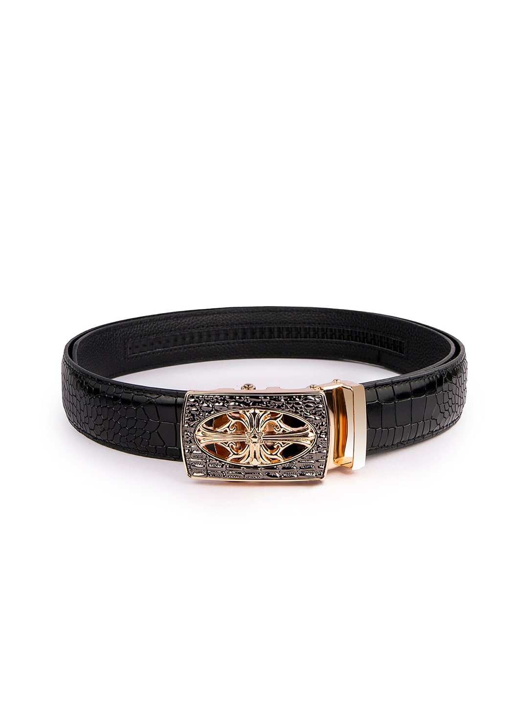 

BANGE Men Black Crocodile Textured Genuine Leather Auto-Lock Belt With Cross Symbol Buckle