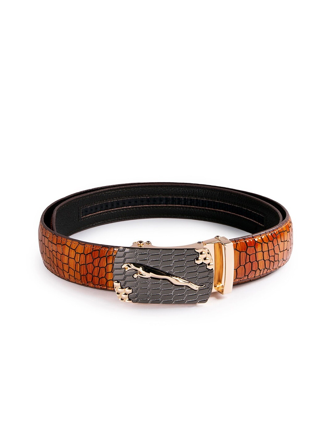

BANGE Men Brown & Black Crocodile Pattern Leather Auto-Lock Belt