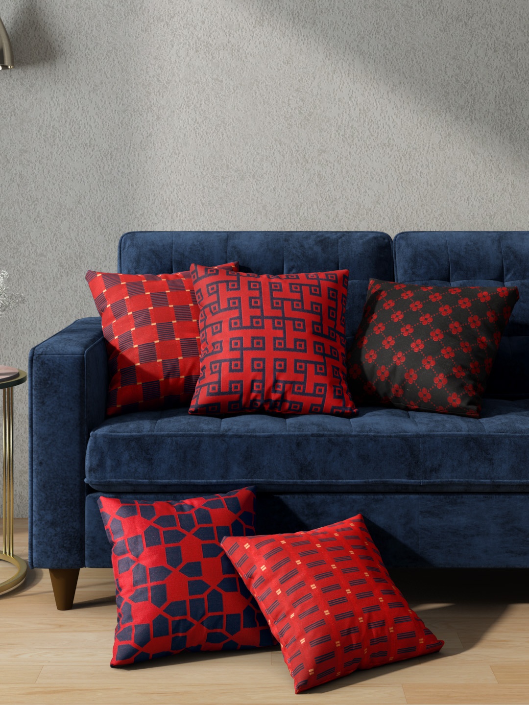 

Aura Red & Navy Blue Set of 5 Geometric Patterned Square Cushion Covers