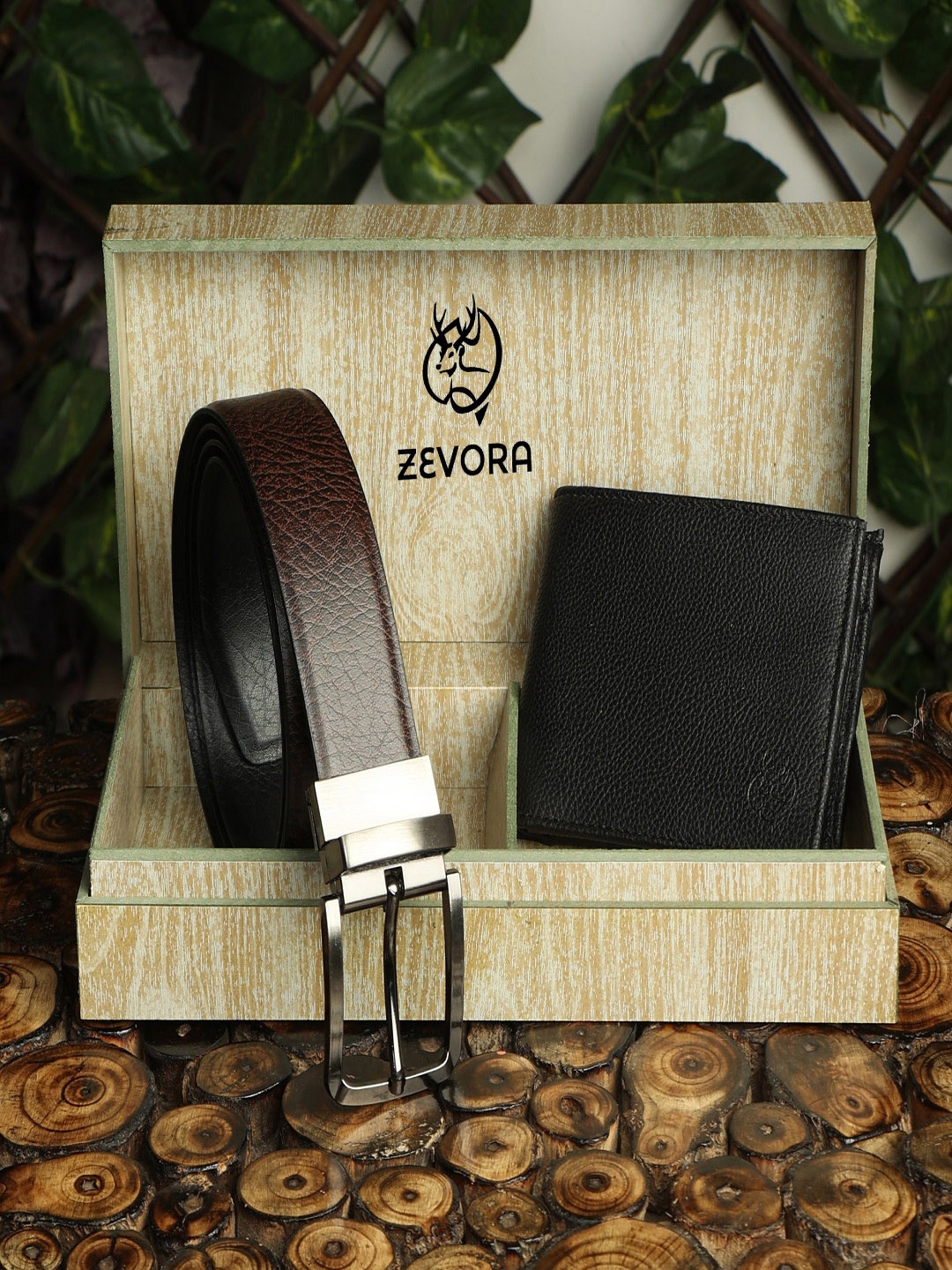 

ZEVORA Men Reversiable Textured Belt and Wallet Combo, Brown