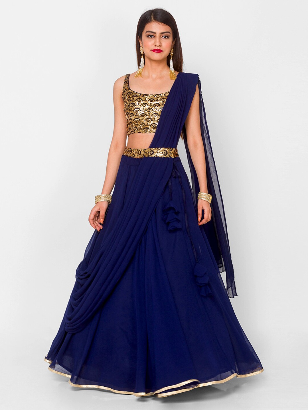 

6Y COLLECTIVE Navy Blue & Gold-Toned Draped Lehenga & Unstitched Blouse with Belt