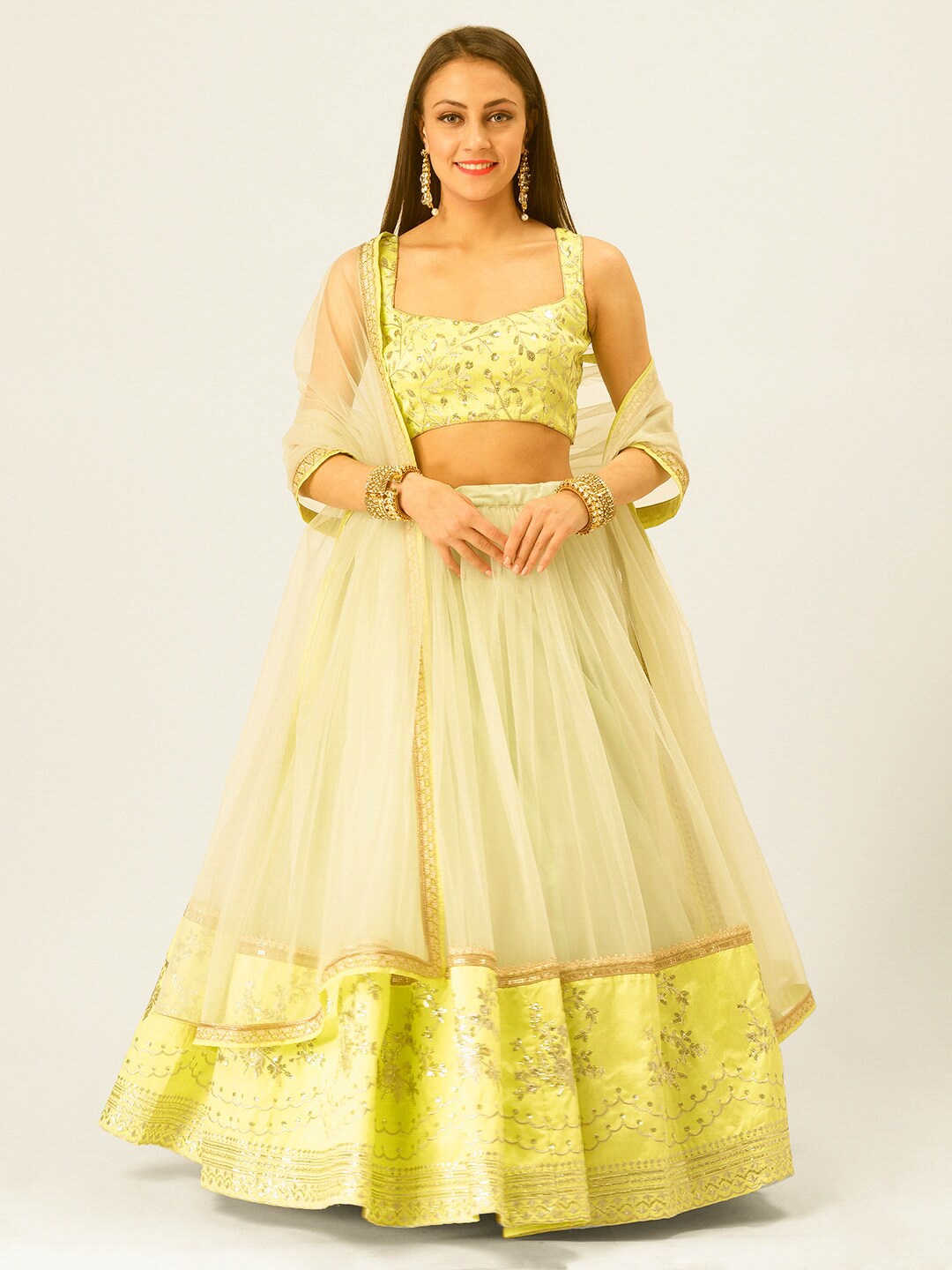 

6Y COLLECTIVE Lime Green & Gold-Toned Embroidered Sequinned Semi-Stitched Lehenga & Unstitched Blouse With