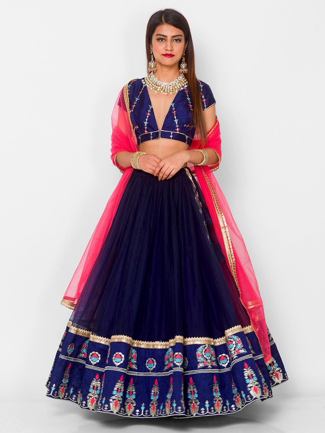

6Y COLLECTIVE Navy Blue & Pink Embroidered Sequinned Semi-Stitched Lehenga & Unstitched Blouse With Dupatta