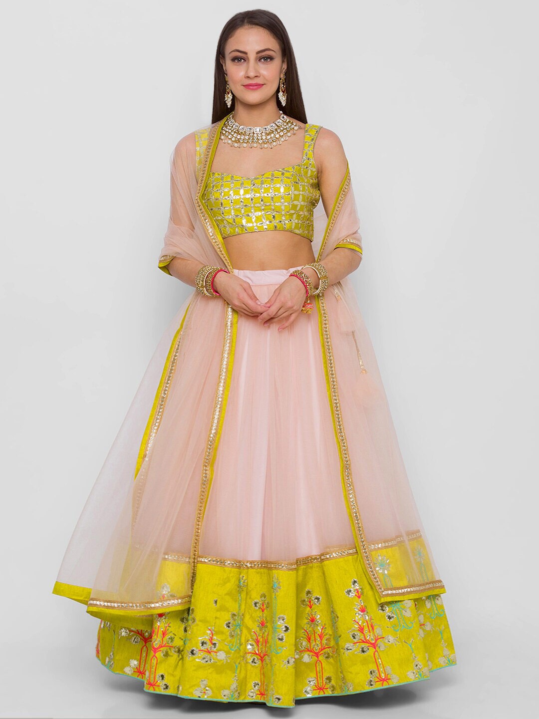 

6Y COLLECTIVE Champagne & Yellow Embroidered Sequinned Semi-Stitched Lehenga & Unstitched Blouse With