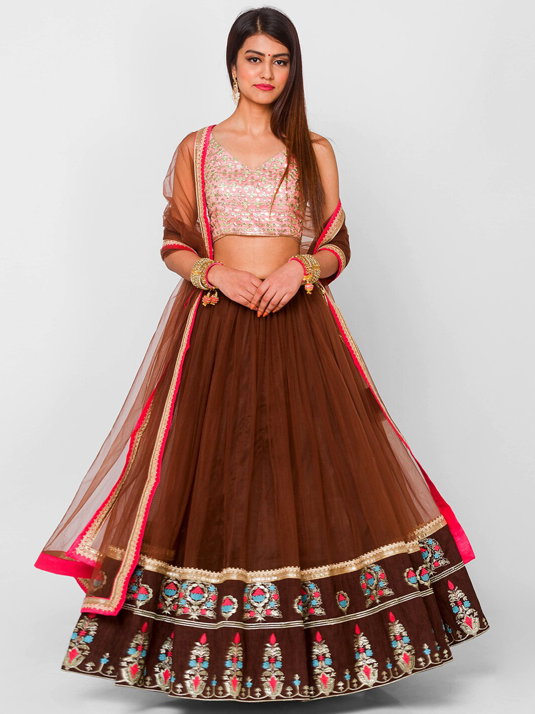 

6Y COLLECTIVE Coffee Brown & Pink Embroidered Semi-Stitched Lehenga & Blouse With Dupatta