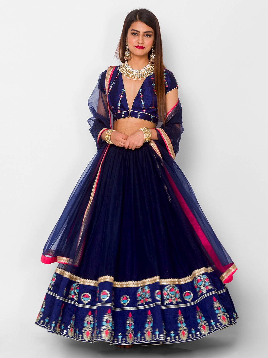 

6Y COLLECTIVE Navy Blue Embroidered Semi-Stitched Lehenga & Blouse With Dupatta