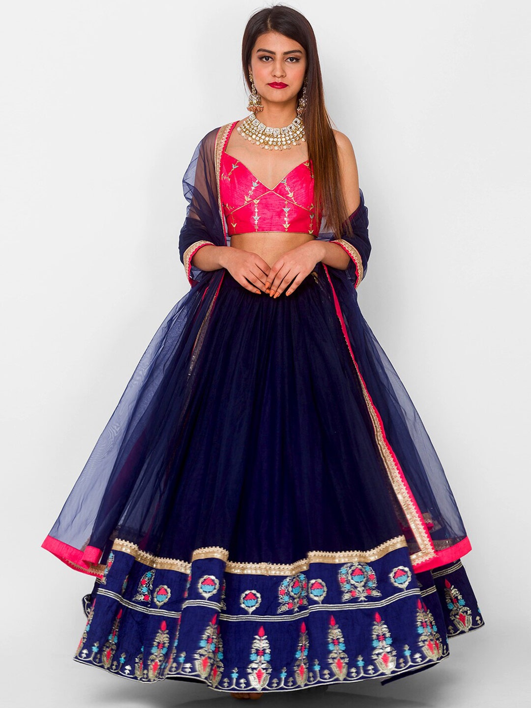 

6Y COLLECTIVE Navy Blue & Pink Embroidered Semi-Stitched Lehenga & Blouse With Dupatta
