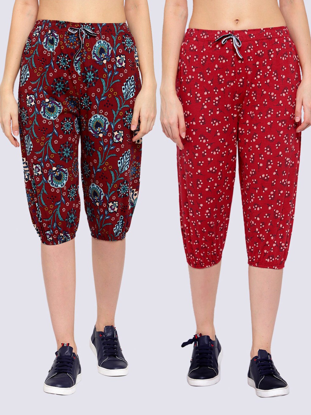 

KLOTTHE Women Pack Of 2 Red & Brown Printed Pure Cotton Mid-Rise Capris