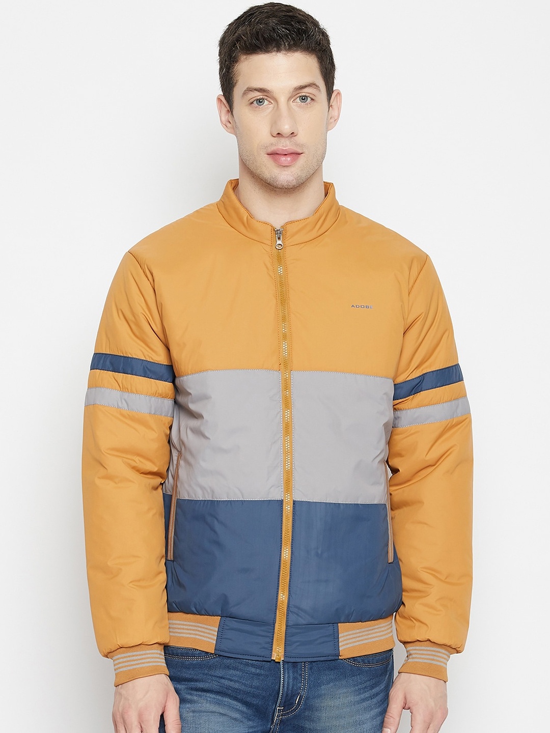 

Adobe Men Mustard Grey Colourblocked Lightweight Bomber Jacket