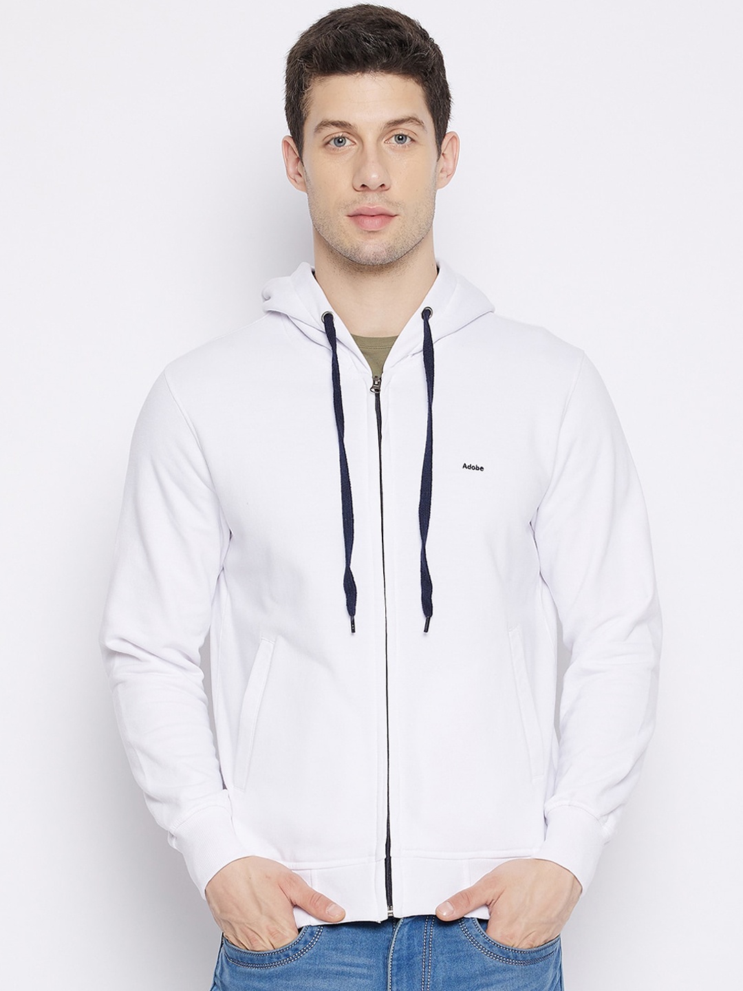 

Adobe Men White Hooded Cotton Sweatshirt