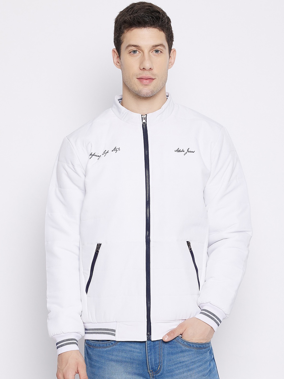 

Adobe Men White Lightweight Bomber Jacket