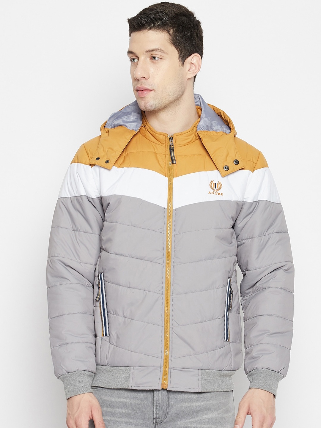 

Adobe Men Grey & Mustard Colourblocked Lightweight Full Sleeve Hooded Quilted Jacket