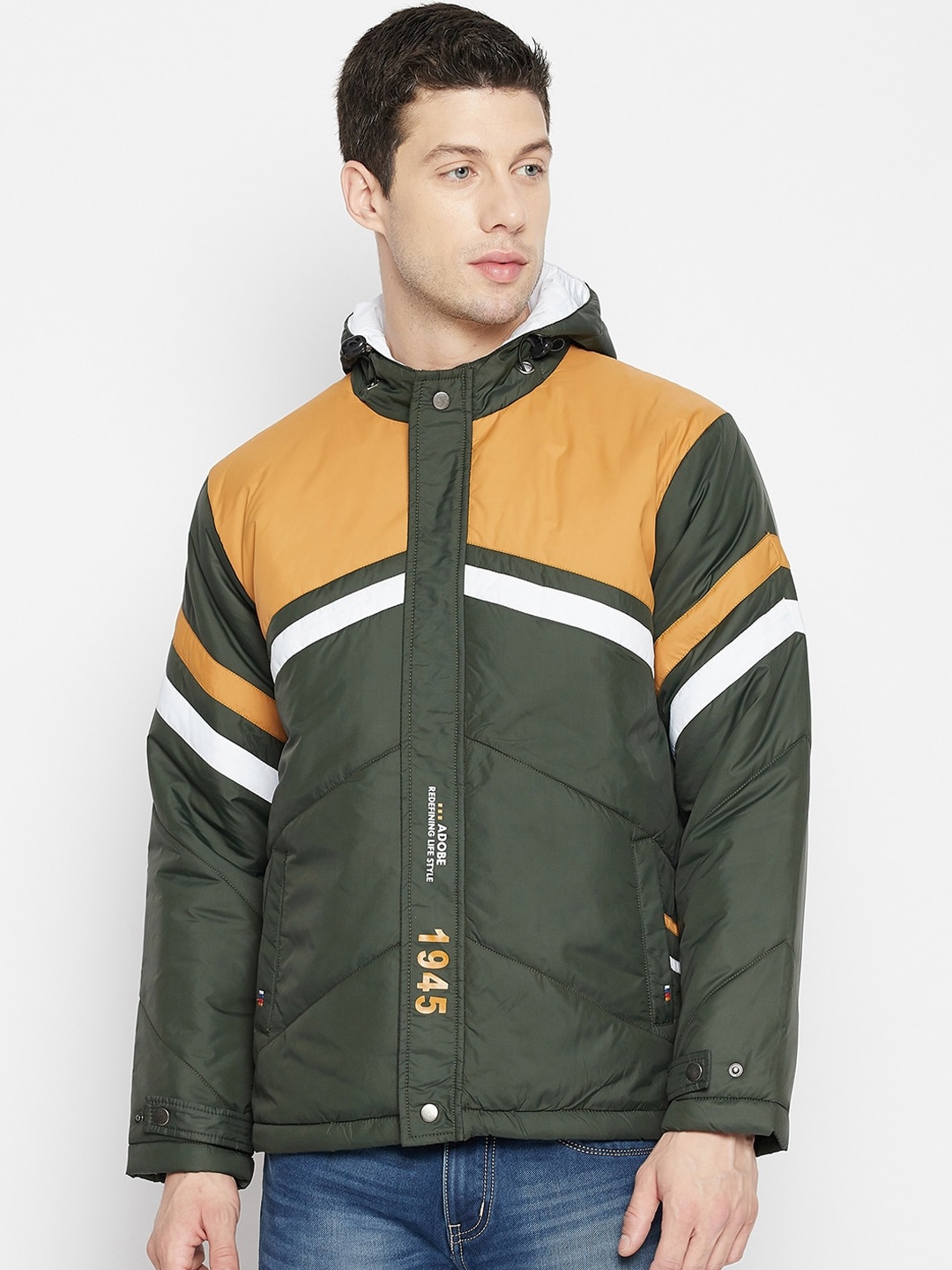 

Adobe Men Olive Green & Mustard Colourblocked Lightweight Hooded Quilted Jacket