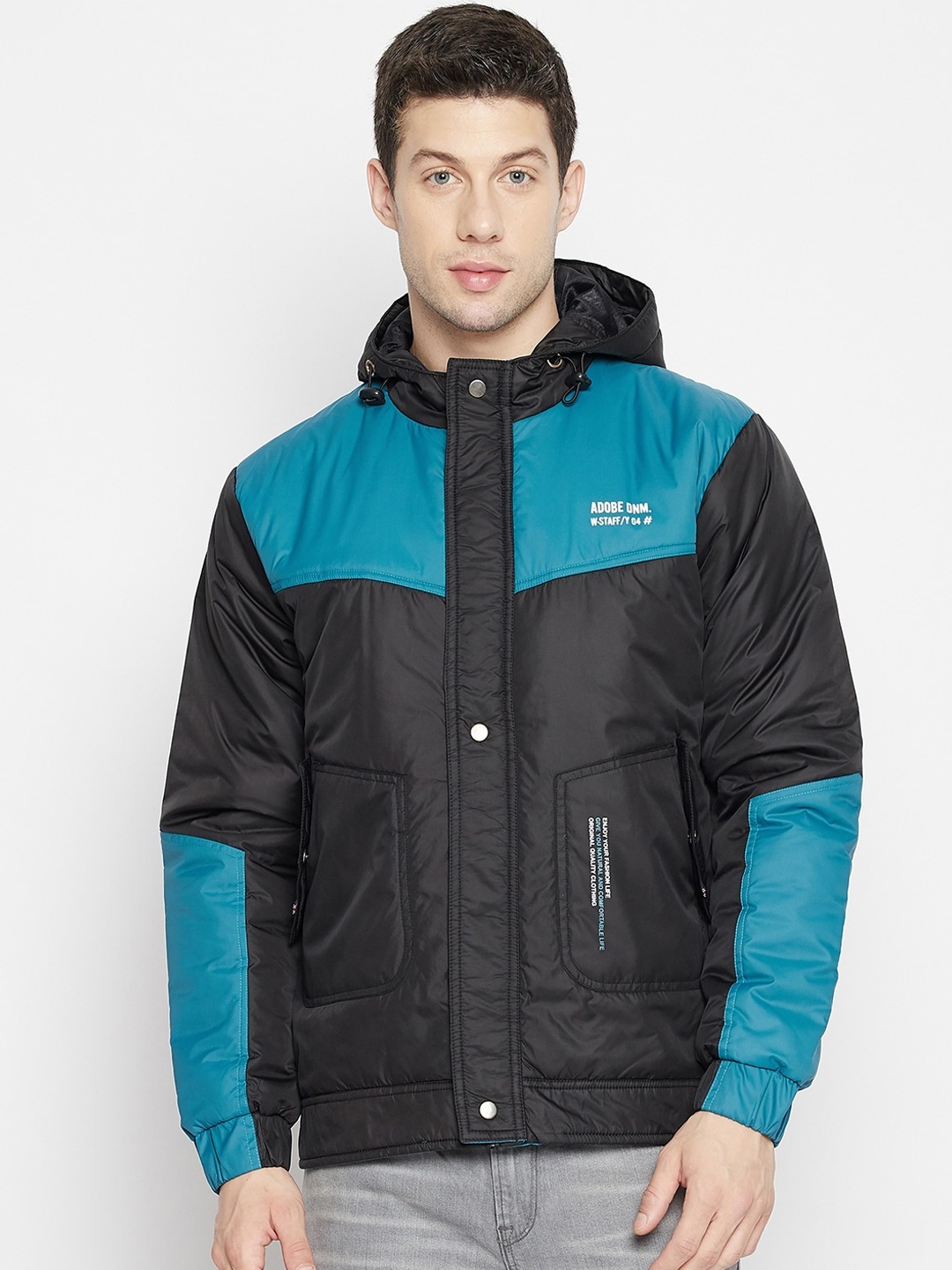 

Adobe Men Black & Turquoise Blue Colourblocked Lightweight Hooded Quilted Jacket