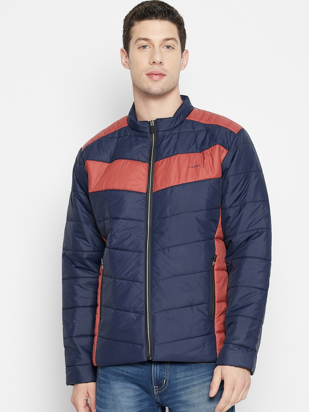 

Adobe Men Navy Blue & Red Colourblocked Lightweight Full Sleeve Quilted Jacket