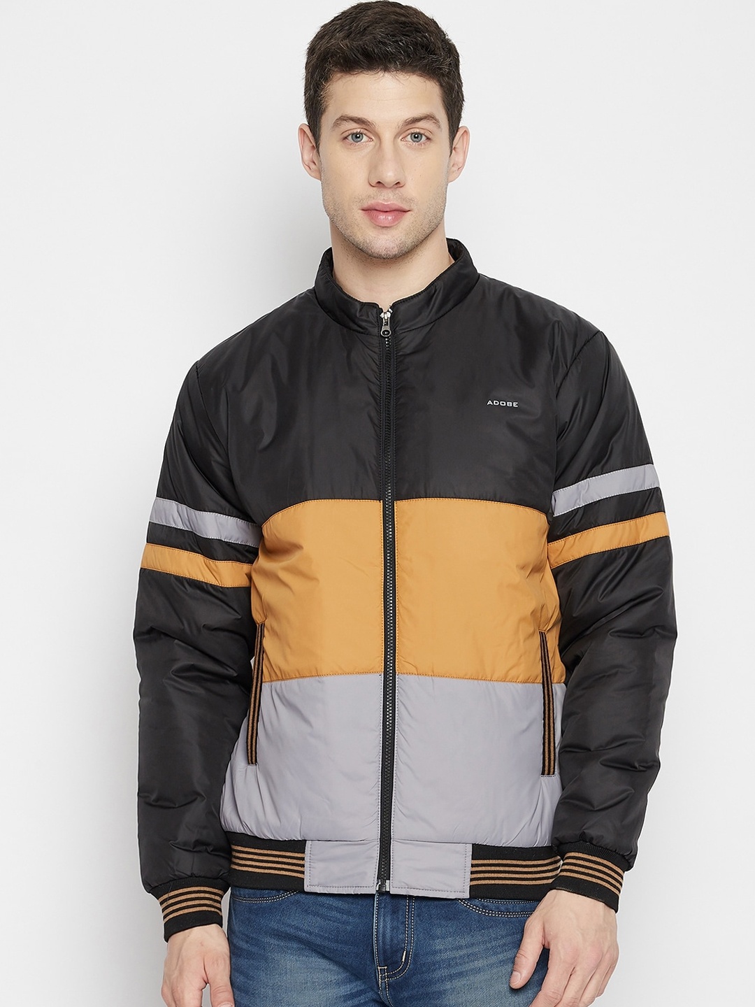 Adobe Men Black & Orange Colourblocked Lightweight Full Sleeve Quilted Jacket