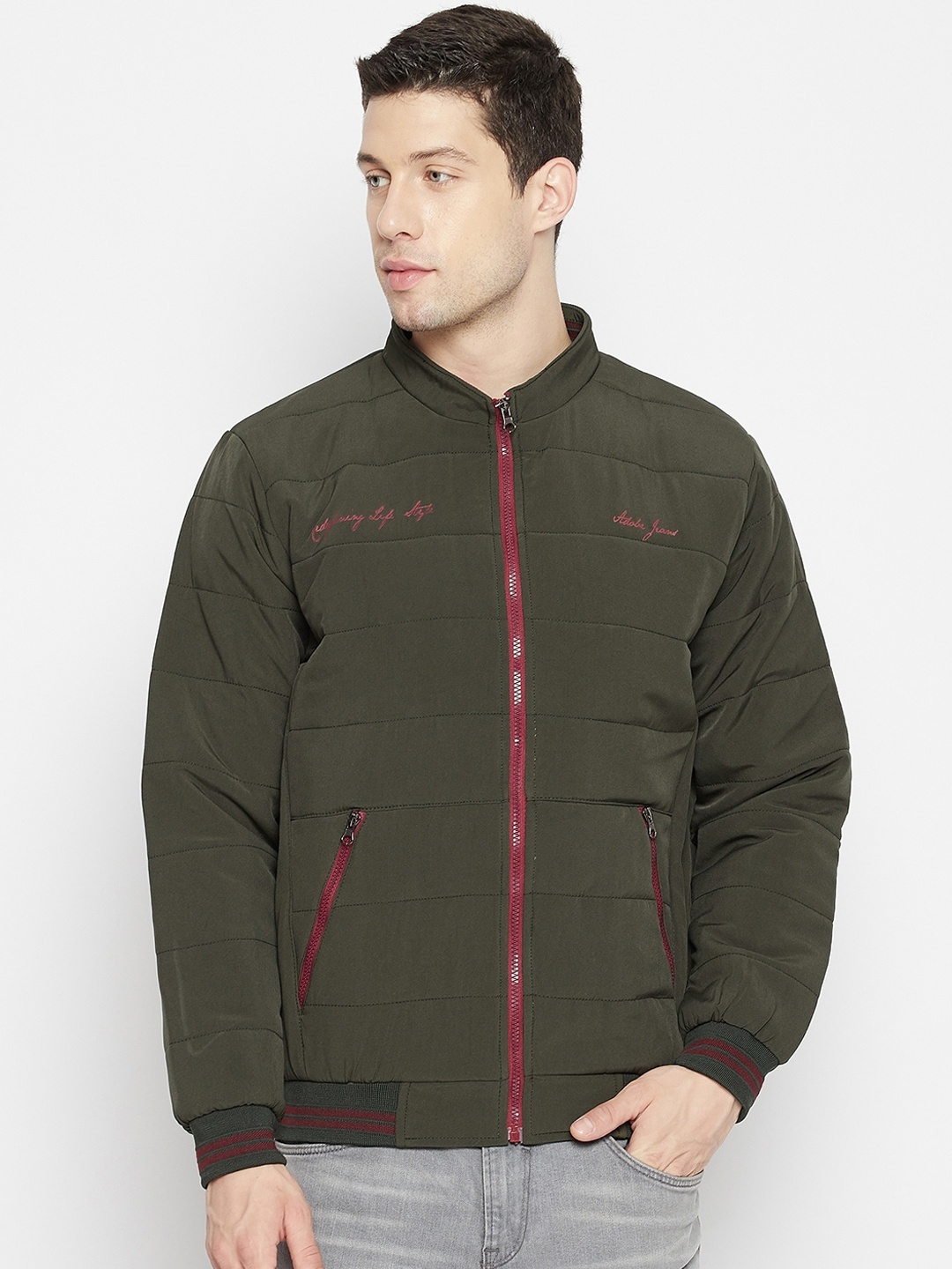 

Adobe Men Olive Green Maroon Lightweight Full Sleeve Quilted Jacket