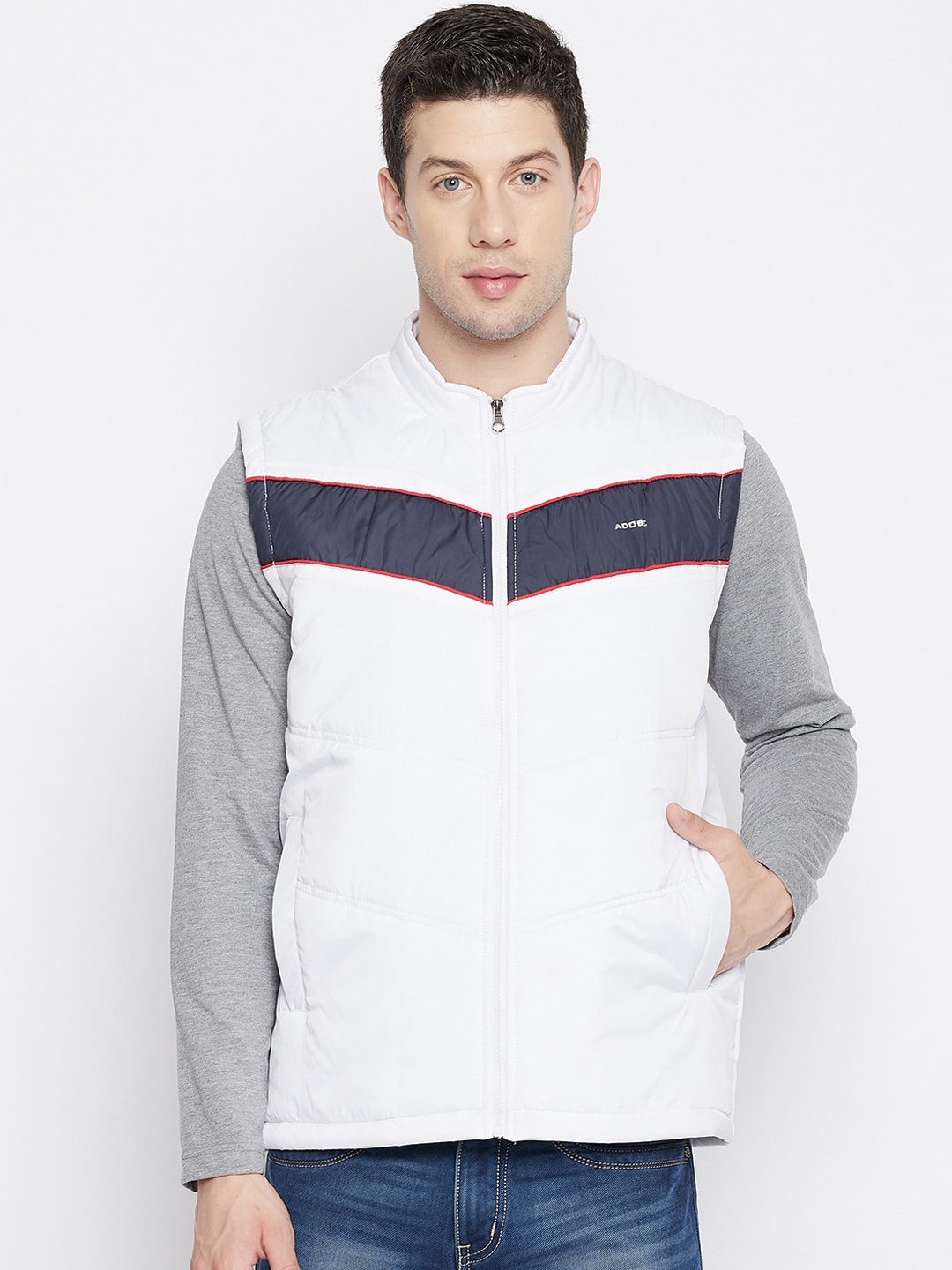 

Adobe Men White Blue Colourblocked Lightweight Sleeveless Quilted Jacket