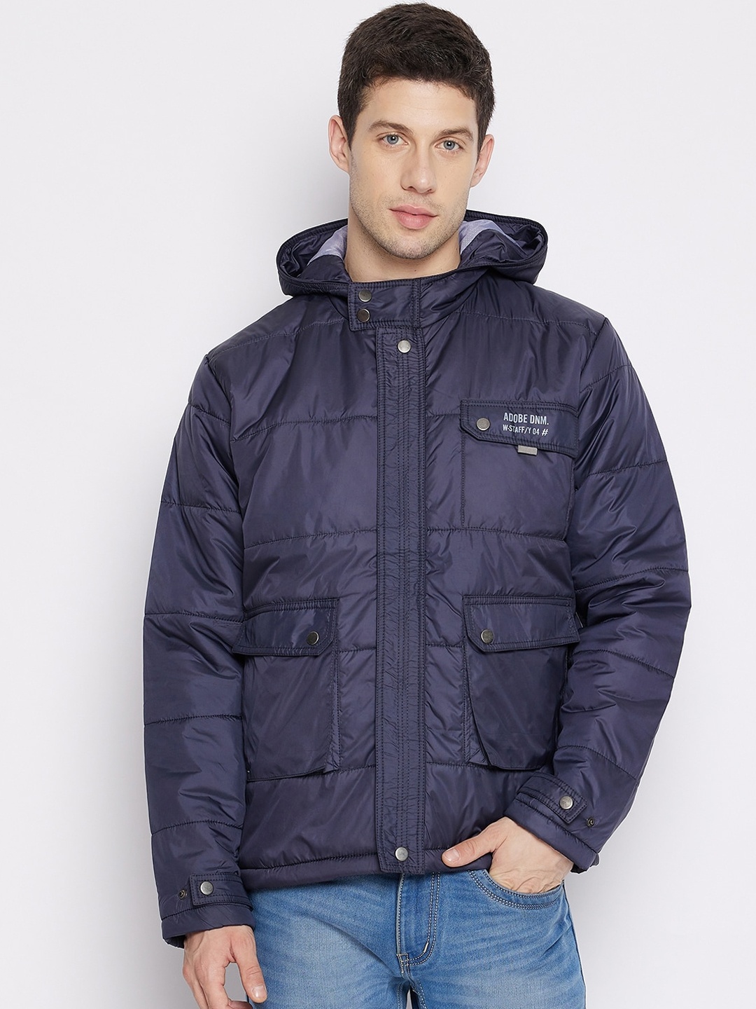 

Adobe Men Navy Blue Lightweight Full Sleeve Hooded Quilted Jacket