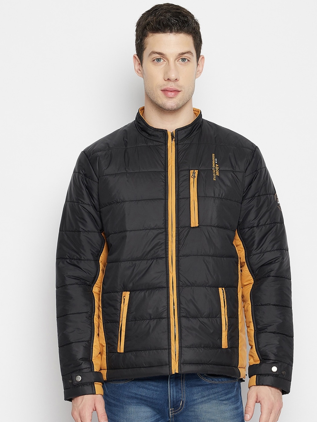 

Adobe Men Black & Orange Colourblocked Lightweight Full Sleeve Quilted Jacket