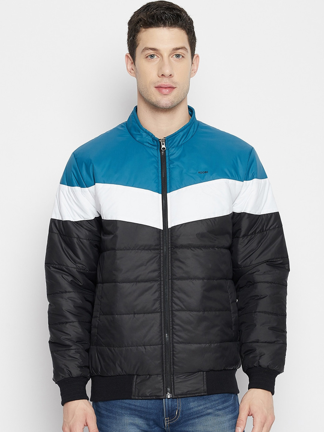 

Adobe Men Black & Blue Colourblocked Lightweight Full Sleeve Quilted Jacket