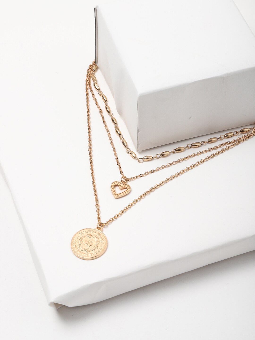 

FOREVER 21 Gold-Toned & White Coin & Heart Pendant Layered Necklace