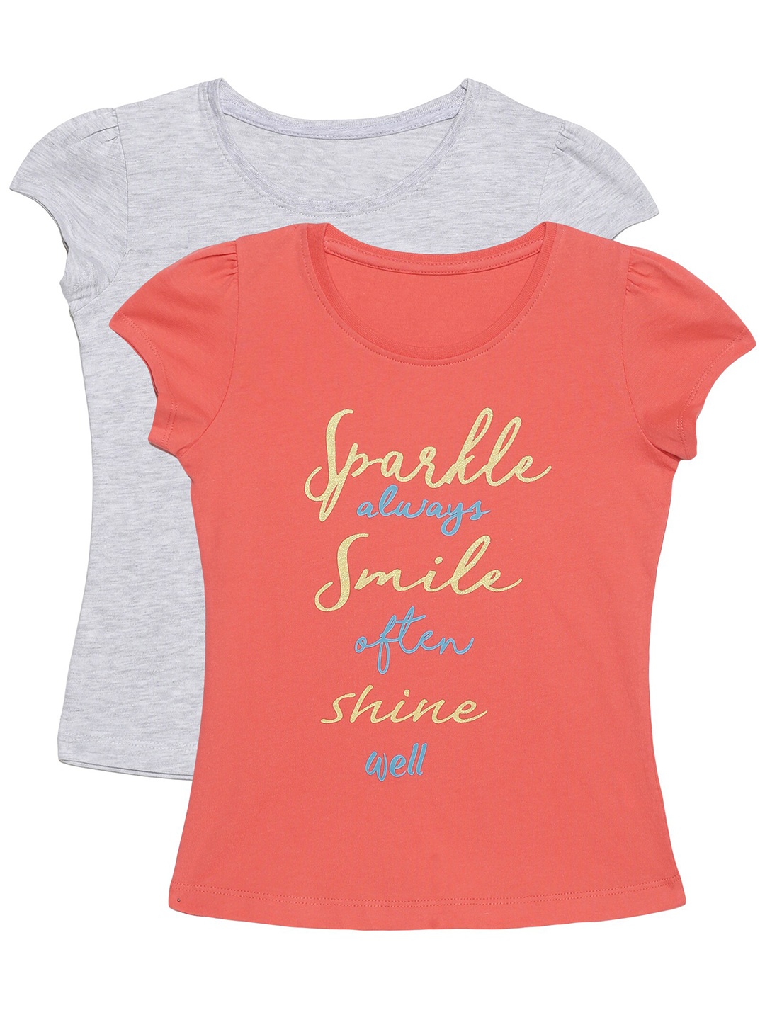 

PLUM TREE Girls Pack of 2 Grey Pink Typography Printed Cotton Pure Cotton T-shirt