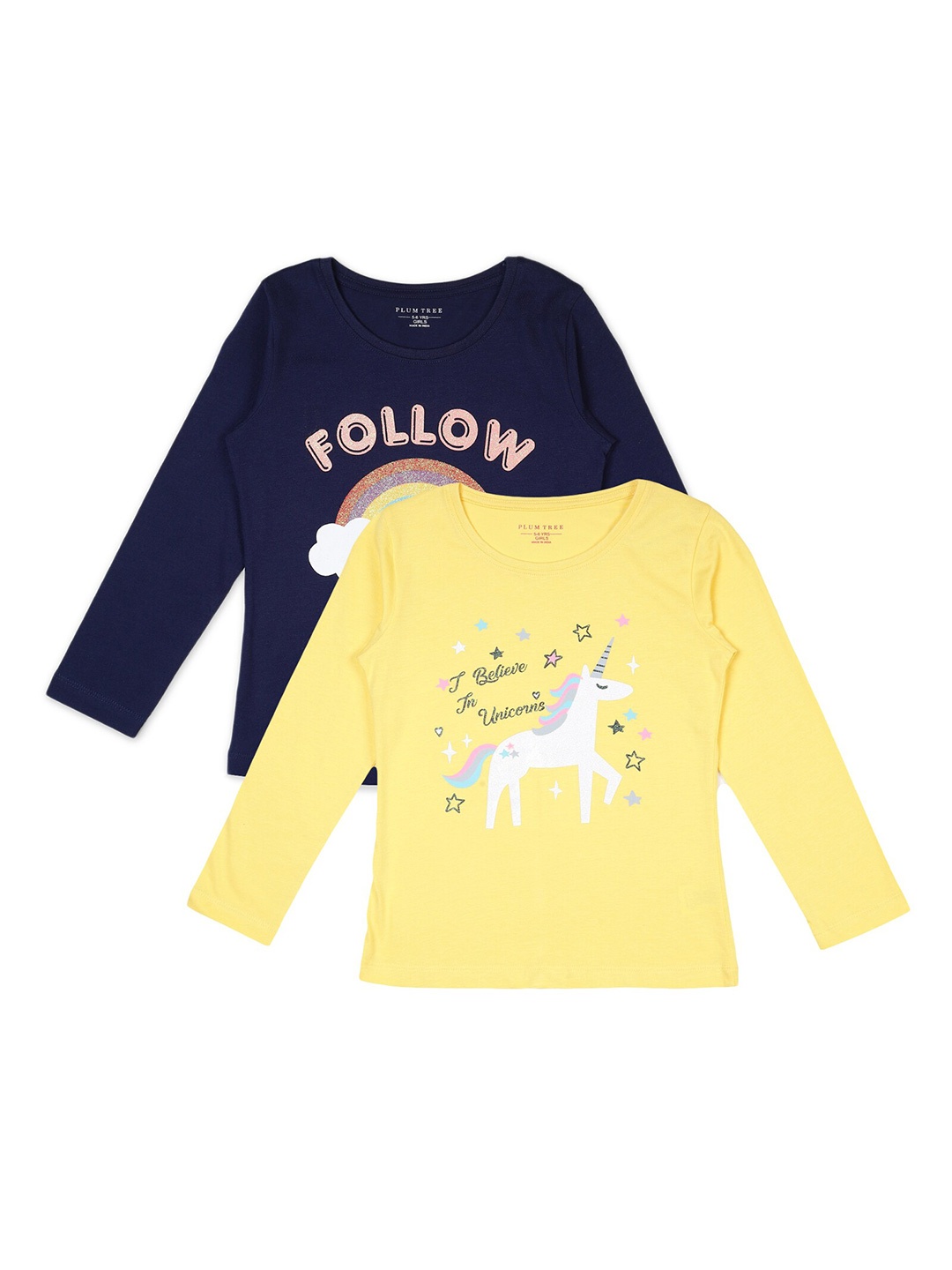

PLUM TREE Girls Pack of 2 Yellow Navy Blue Printed Cotton Pure Cotton T-shirt