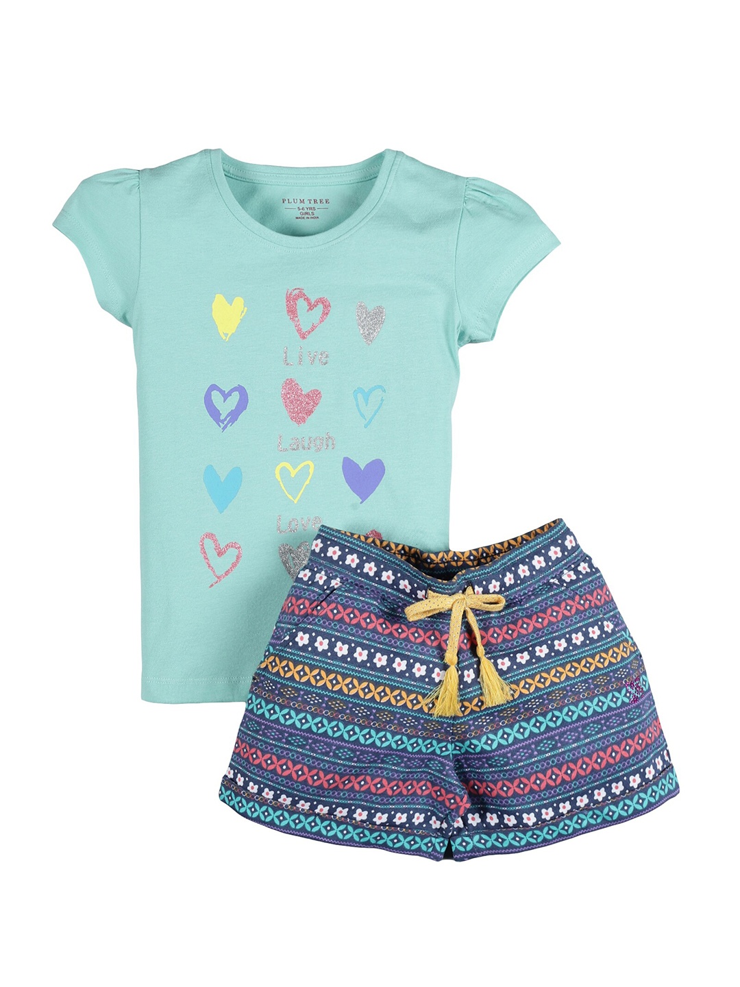 

PLUM TREE Girls Navy Blue & Yellow Printed T-shirt with Shorts