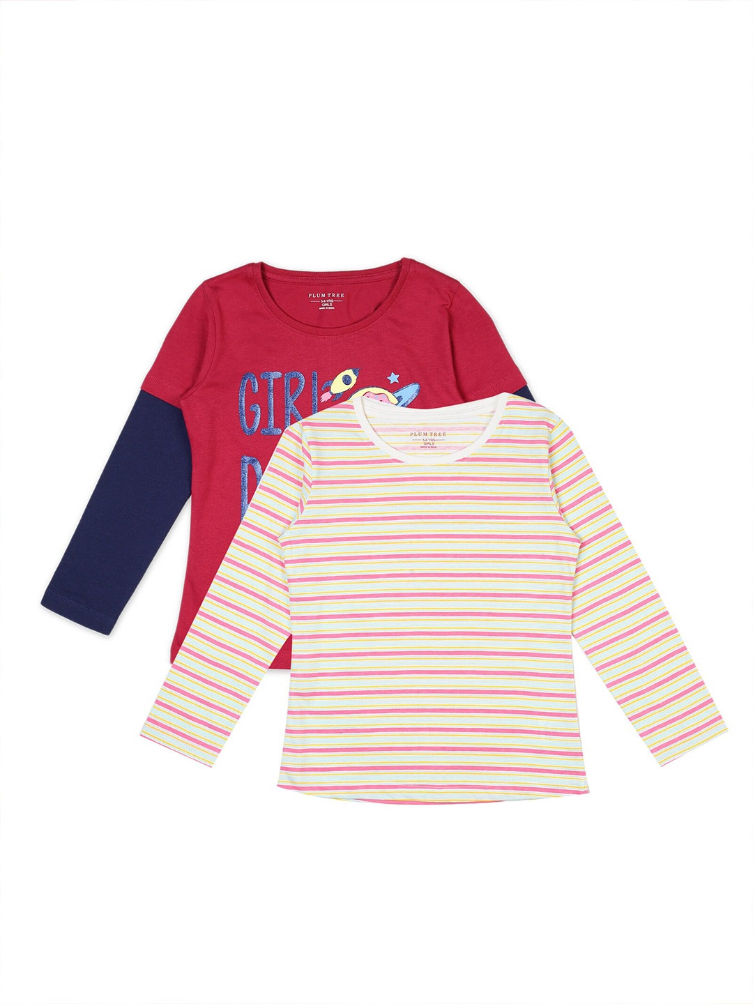 

PLUM TREE Girls Pack of 2 Magenta Off White Striped Cotton Pure Cotton T-shirt