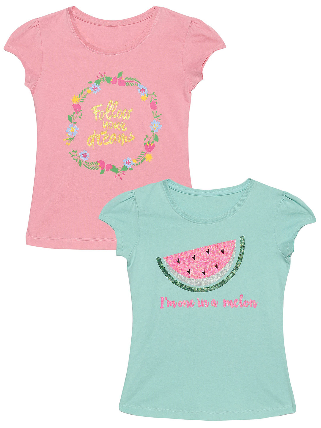 

PLUM TREE Girls Pack of 2 Blue Pink Printed Cotton Pure Cotton T-shirt