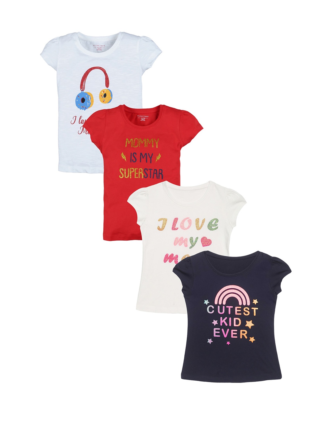 PLUM TREE Girls Pack of 4 Multicoloured Printed Cotton Pure Cotton T-shirt, Multi