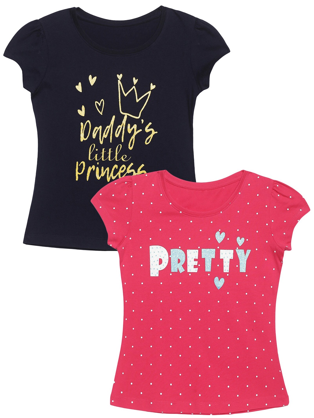 

PLUM TREE Girls Pack of 2 Pink Black Typography Printed Cotton Pure Cotton T-shirt