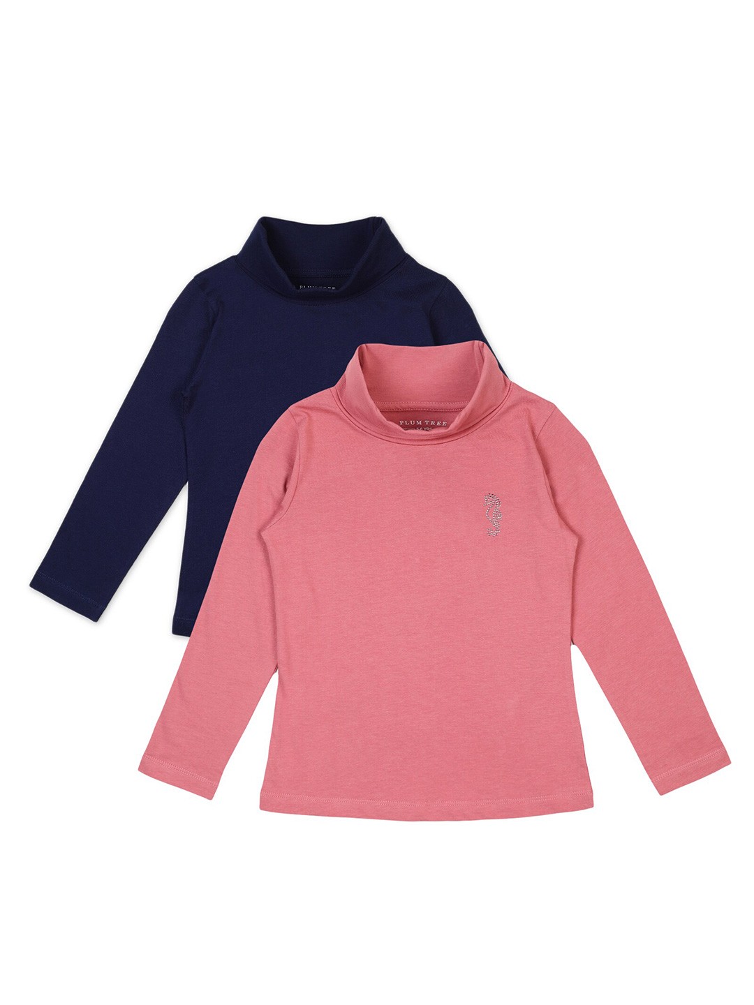 

PLUM TREE Girls Pack of 2 Navy Blue Pink High Neck Cotton Pure Cotton T-shirt