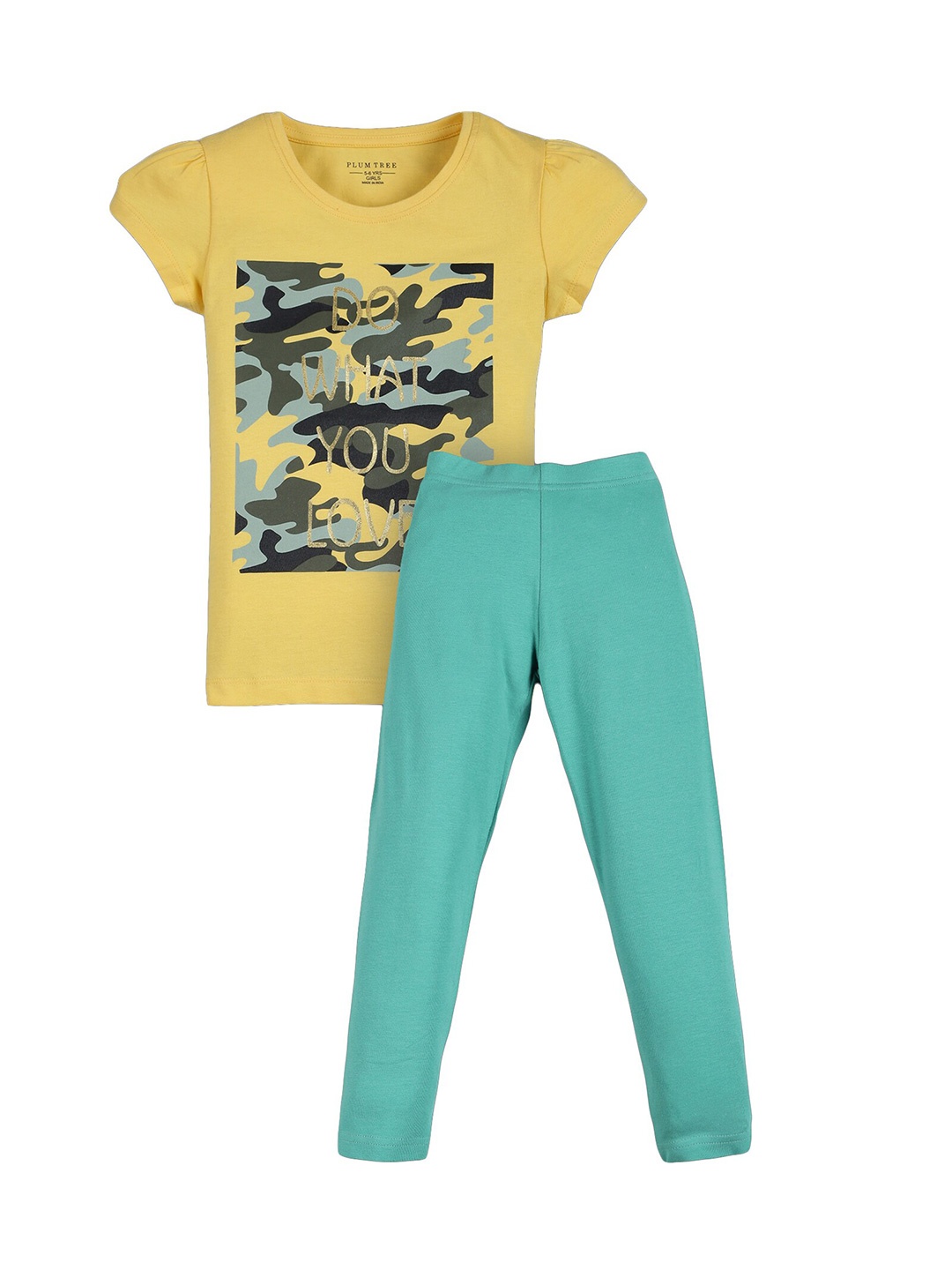 

PLUM TREE Girls Green & Mustard Printed Top with Pyjamas