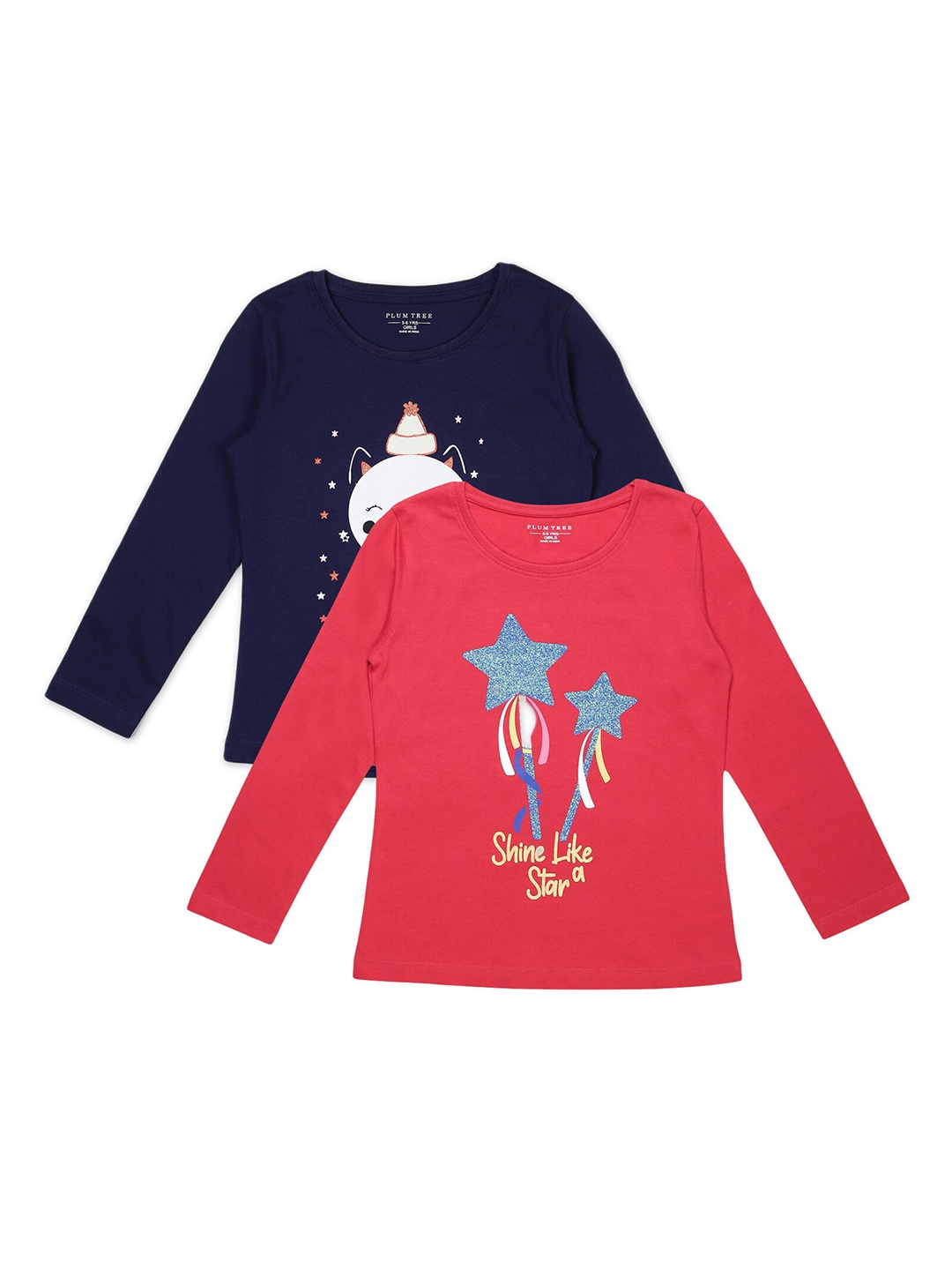 

PLUM TREE Girls Pack of 2 Navy Blue Pink Printed Cotton Pure Cotton T-shirt