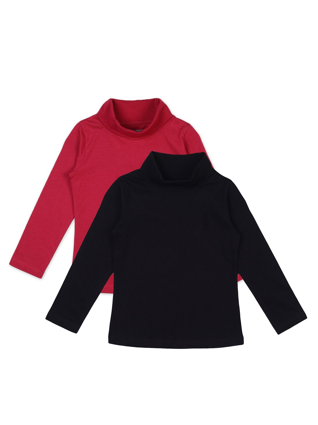 

PLUM TREE Girls Pack of 2 Magenta Black High Neck Cotton Pure Cotton T-shirt