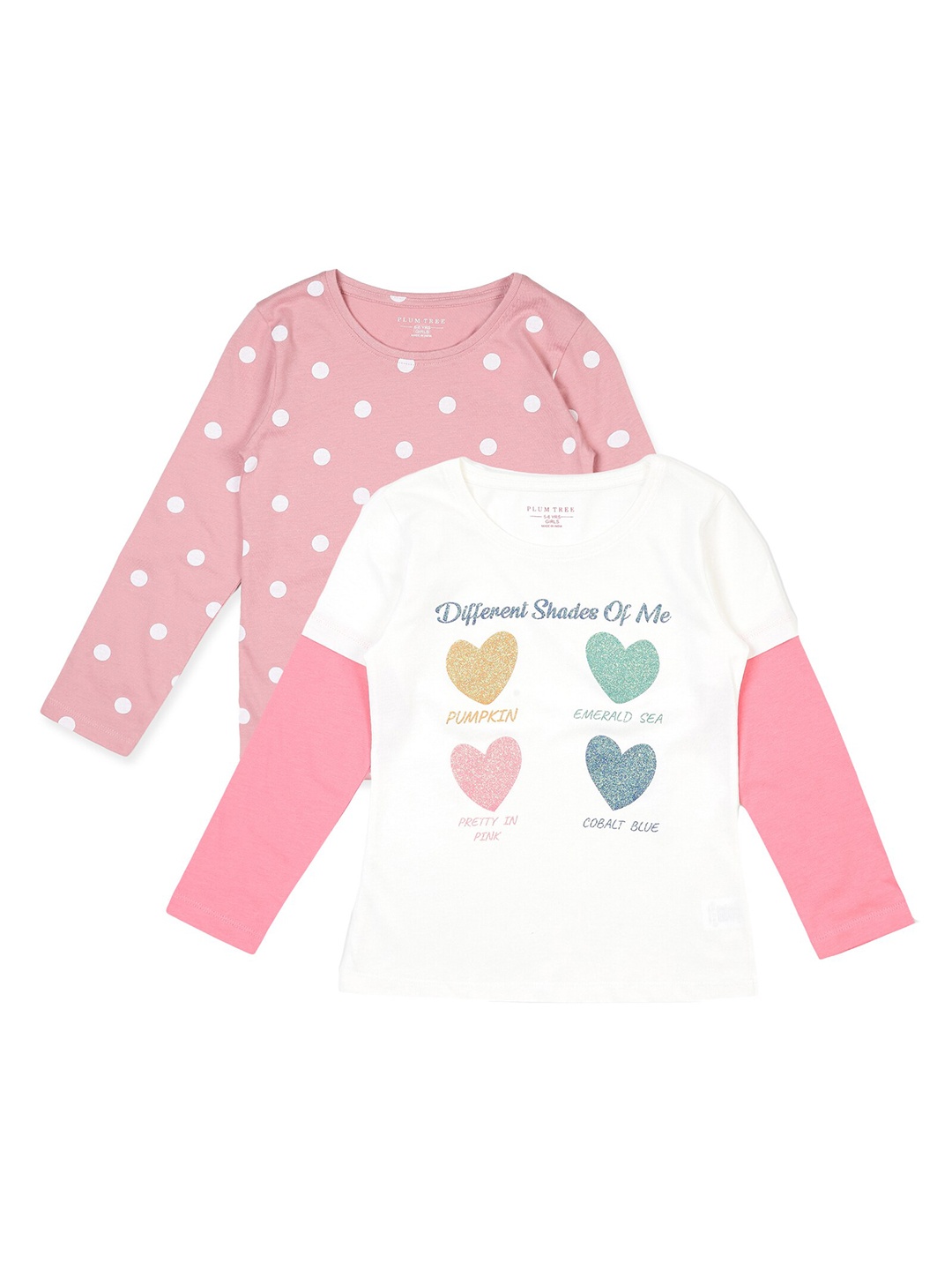 PLUM TREE Girls Pack of 2 Peach-Coloured & White Printed Cotton T-shirt