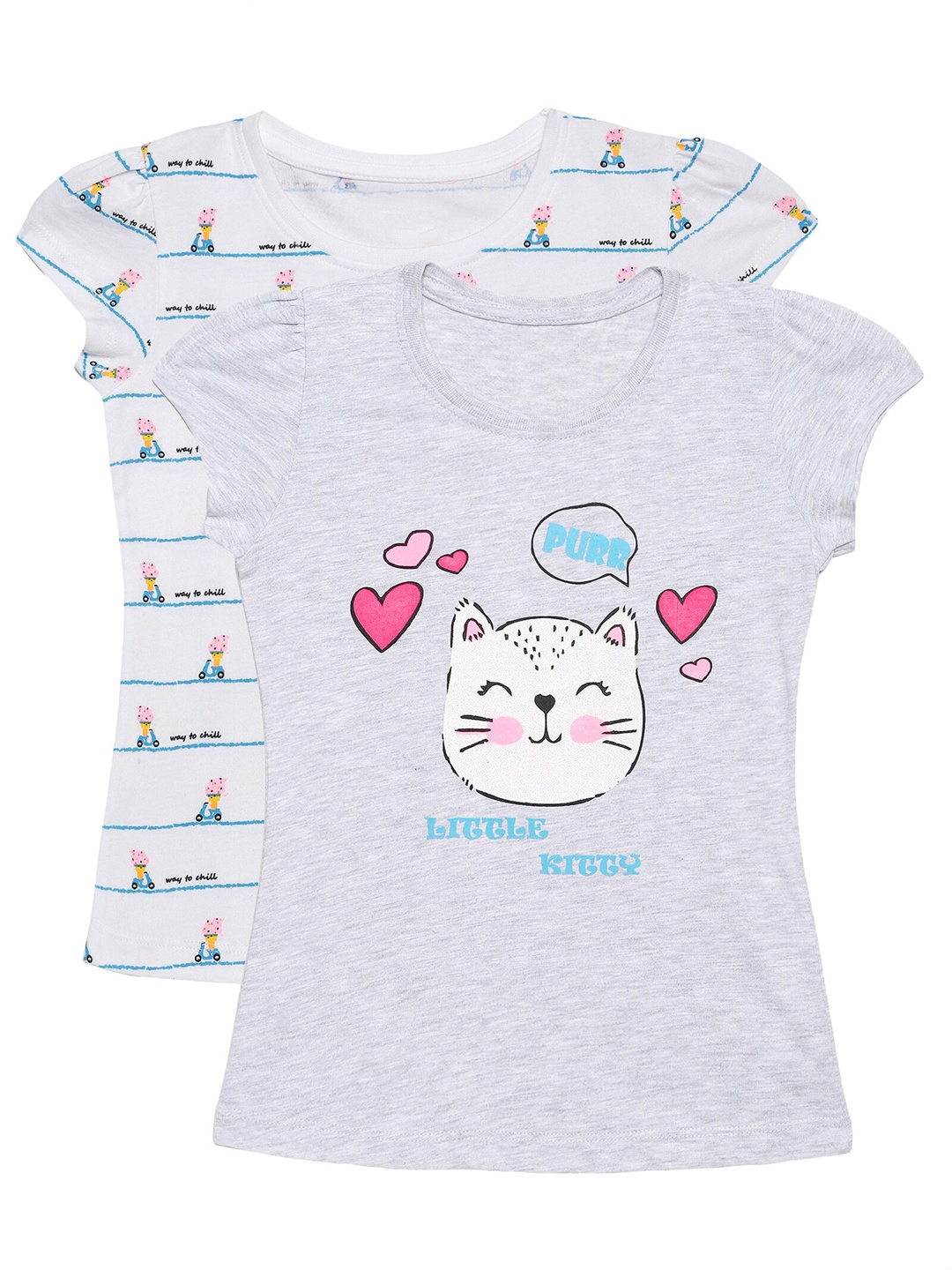 

PLUM TREE Girls Pack of 2 Grey White Printed Cotton Pure Cotton T-shirt