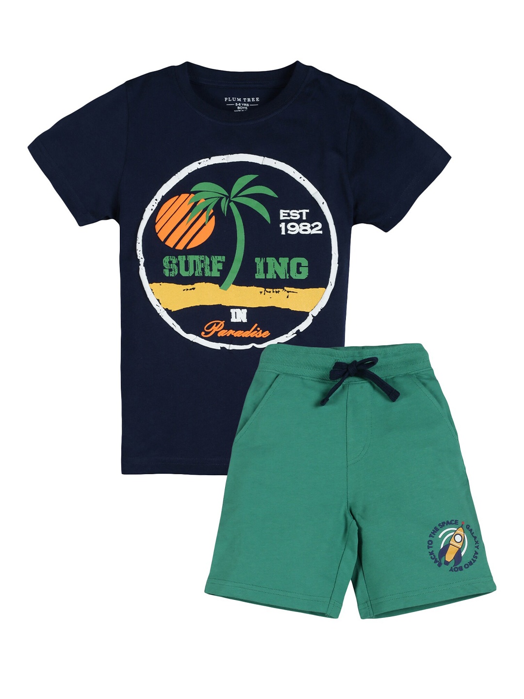 PLUM TREE Boys Navy Blue & Green Printed T-Shirt with Shorts