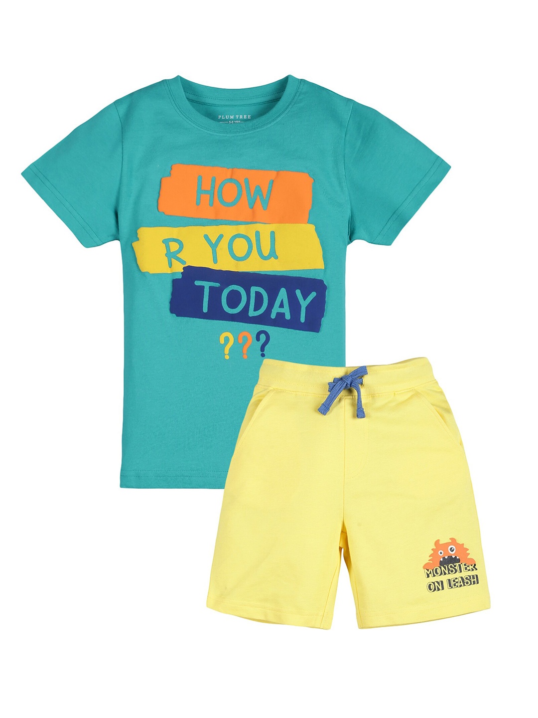 PLUM TREE Boys Yellow & Sea Green Printed T-shirt with Trousers