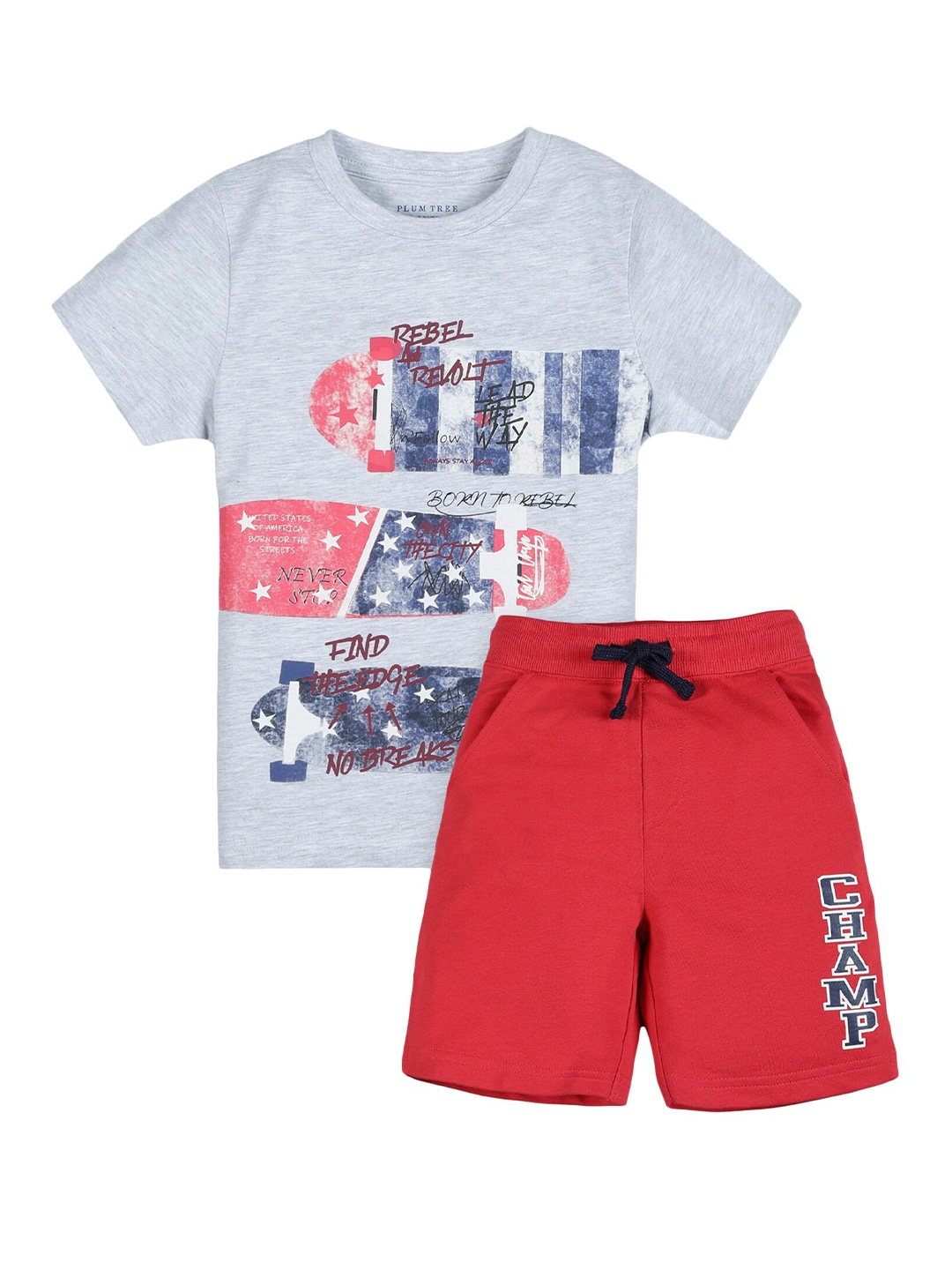 PLUM TREE Boys Grey & Red Printed Pure Cotton Top with Shorts