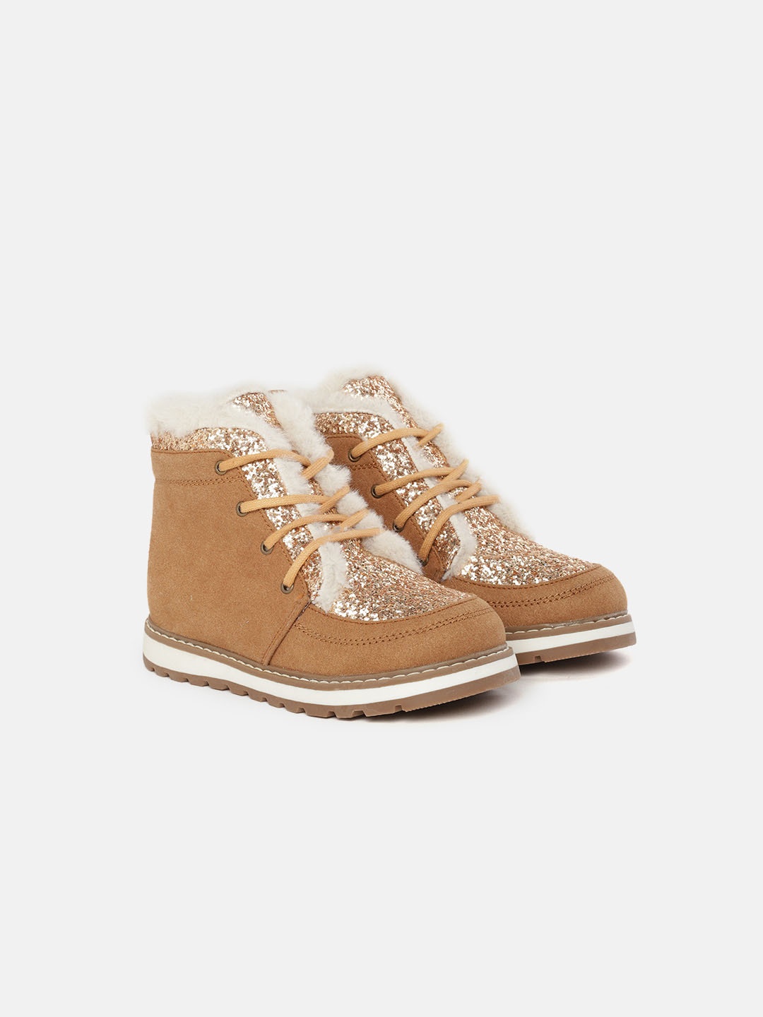 

YK Girls Camel Brown & Gold-Toned Shimmer Suede Finish Faux Fur Trim Mid-Top Flat Boots