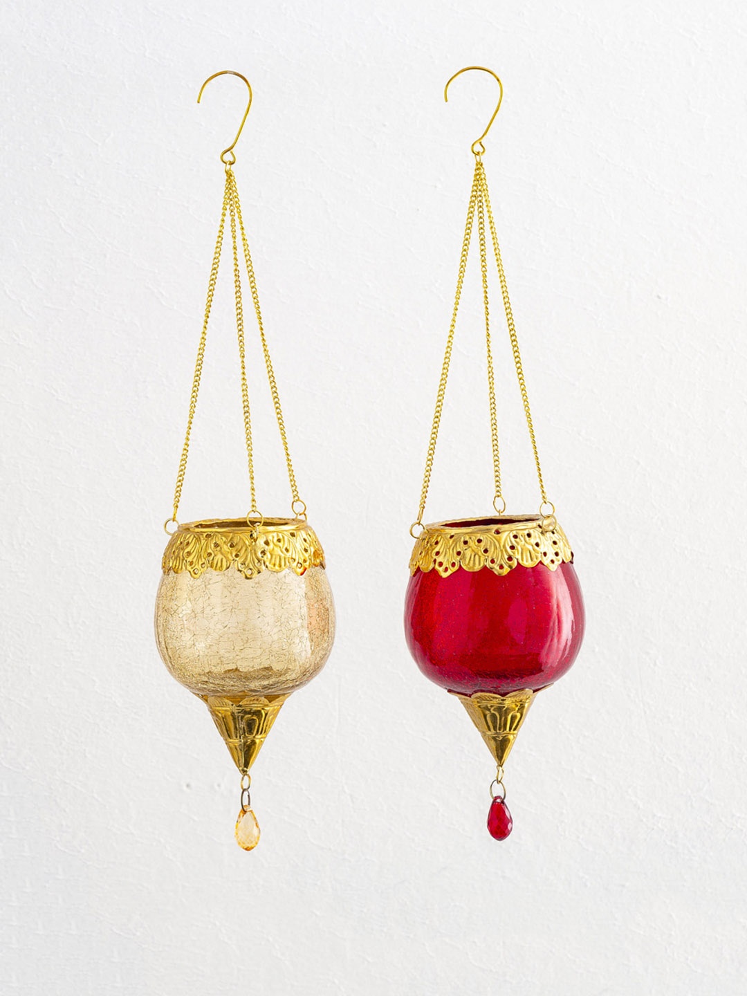

Home Centre Set Of 2 Hanging Glass T-Light Lamps, Red