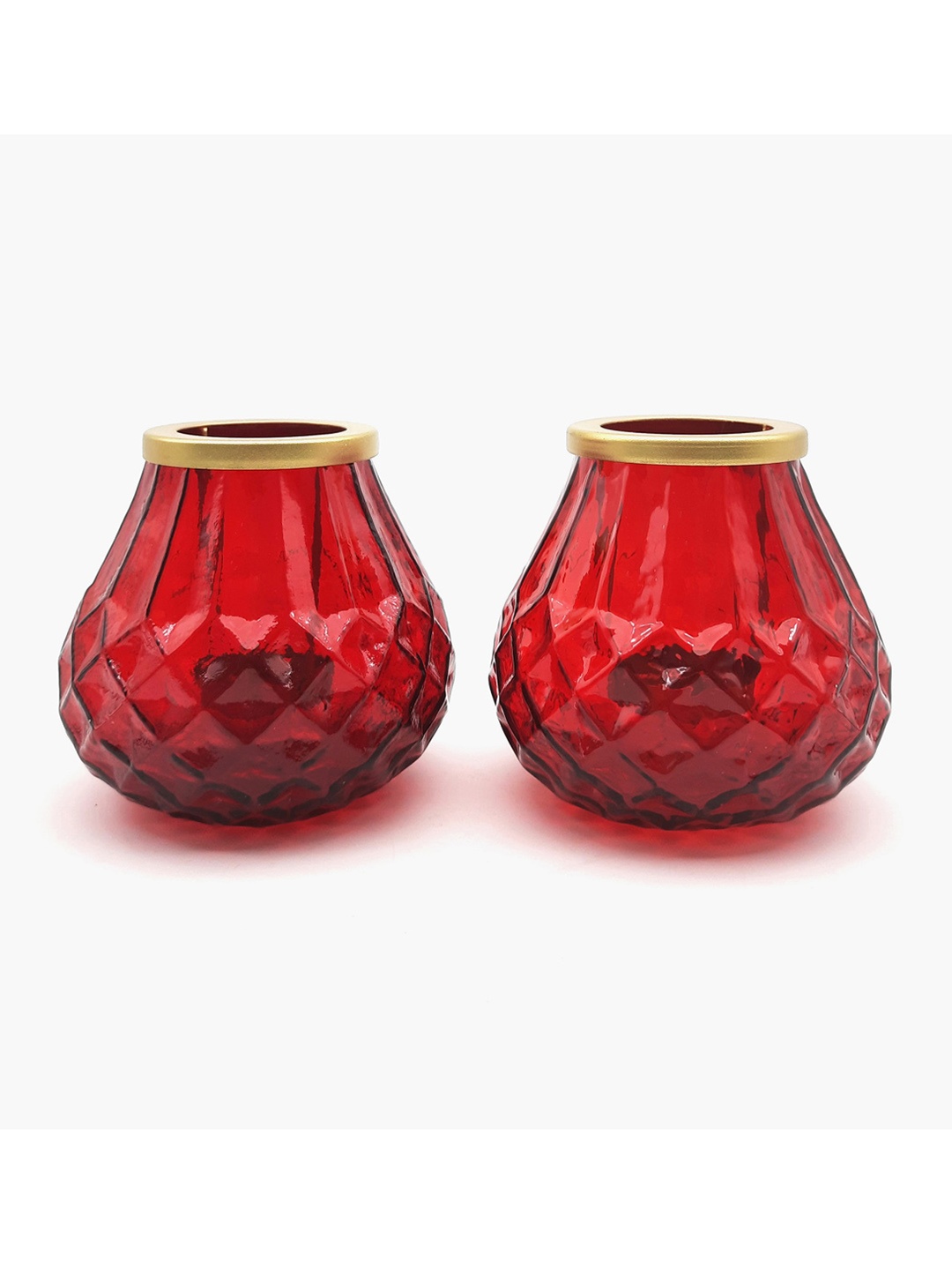 

Home Centre Set Of 2 Red Embossed Candle Holder