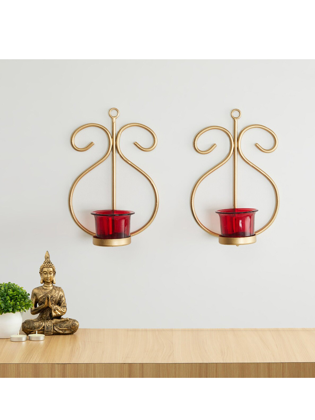 

Home Centre Set Of 2 Gold-Toned & Red Candle Holders