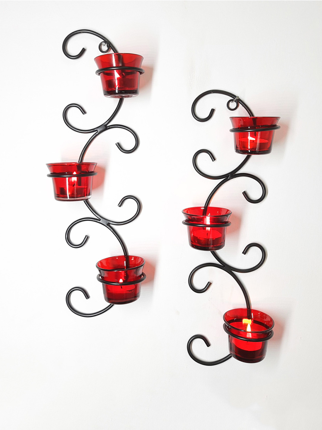 

Home Centre Set Of 2 Red & Black Patterned Candle Holder