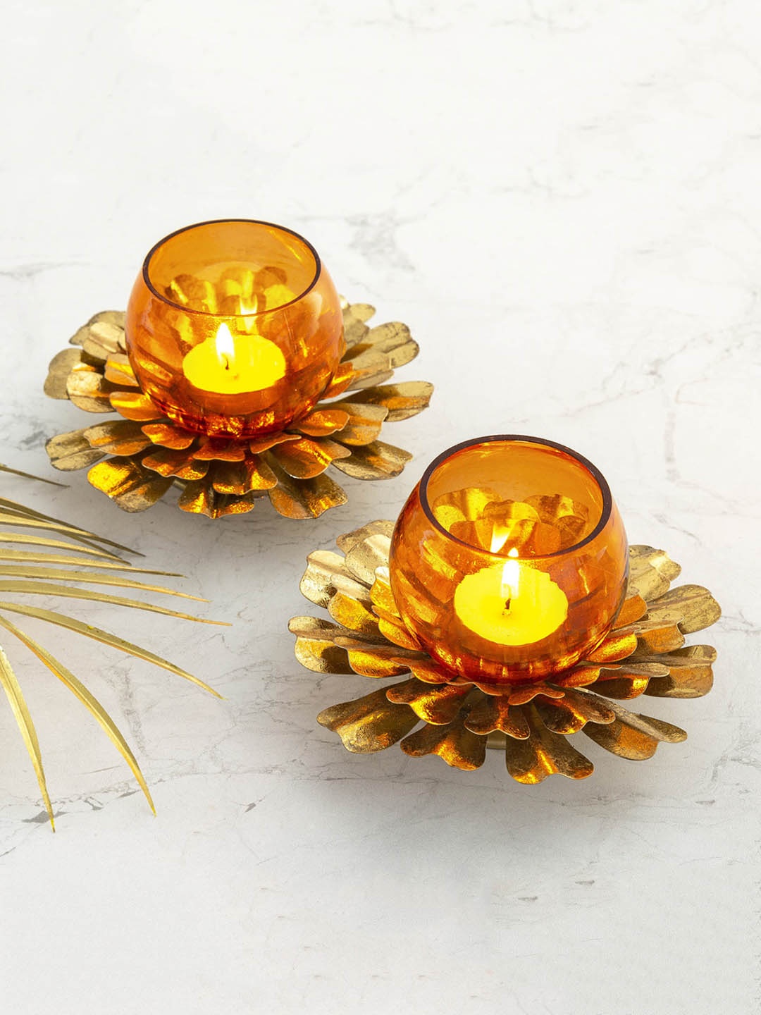 

Home Centre Set Of 2 Orange & Gold-Toned Marigold T-Light Holders
