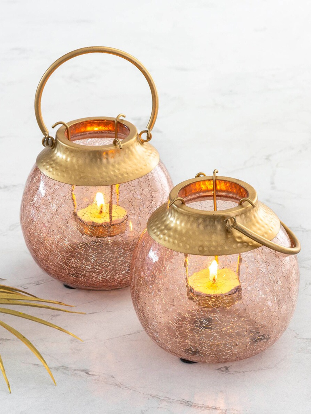 

Home Centre Shalimar Crackled Glass Candle Holder with Handle - Set of 2, Pink