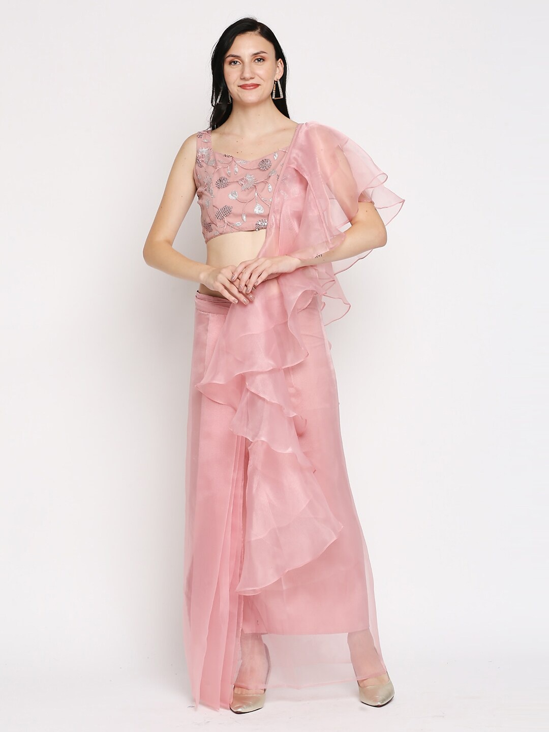

Ira Soleil Pink Embroidered Ready to Wear Saree Lehenga & Blouse With Ruffled Dupatta